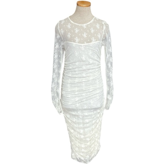 BHLDN Anthropologie Dress Bailee Ruched Sheer Lace White Floral Bodycon  Small
